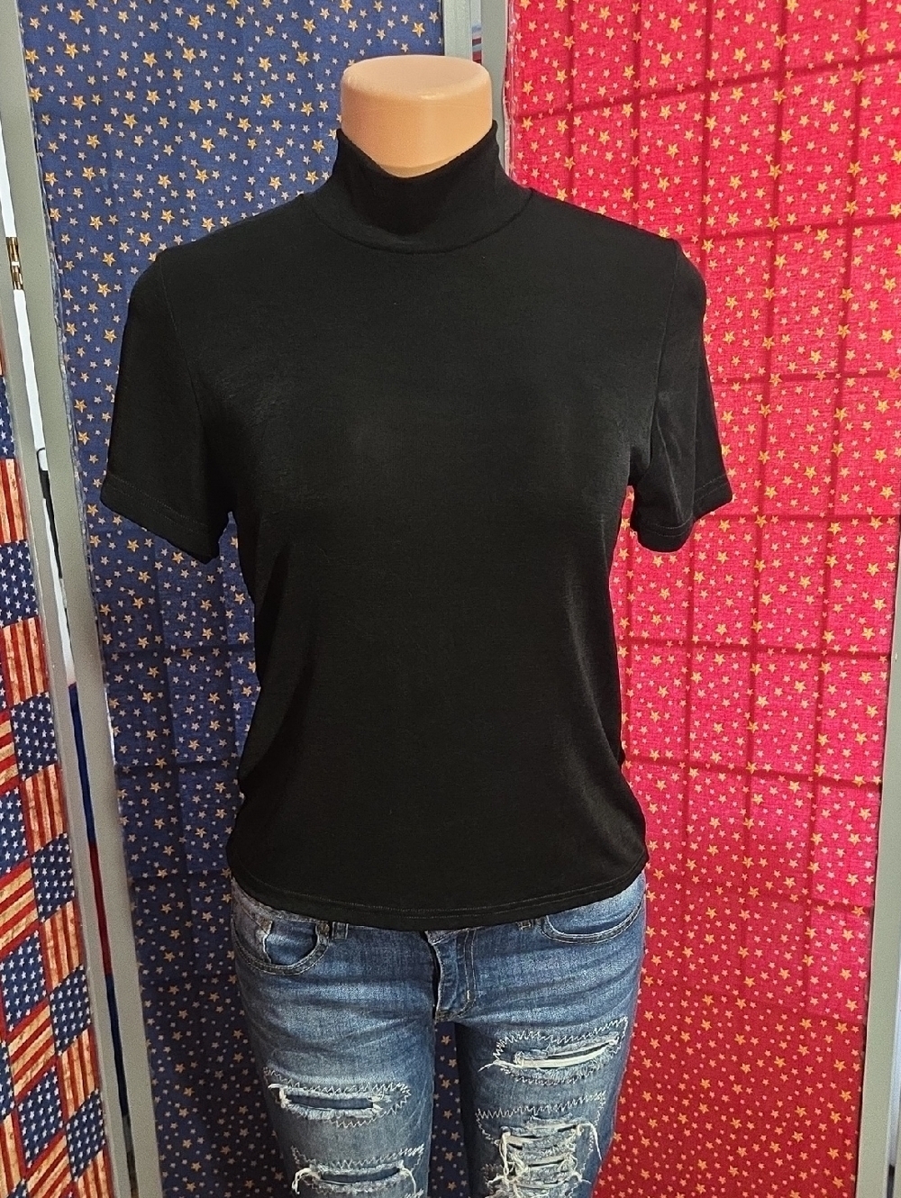 Black Short-Sleeve Mock Neck Tee